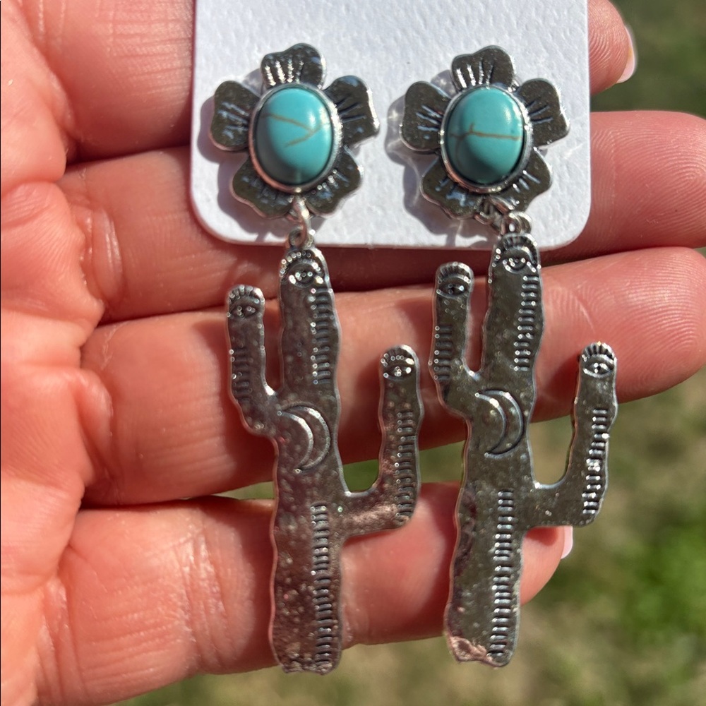 Wish Turquoise Flower Cactus Dangle Earrings - Silver Tone - Picture 3 of 4